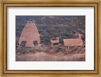 Framed Ancient Petroglyph Of Owl And Big Horn Sheep, Utah