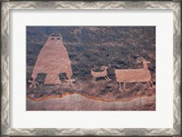 Framed Ancient Petroglyph Of Owl And Big Horn Sheep, Utah