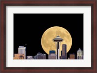 Framed Large Full Moon Behind The Seattle Space Needle