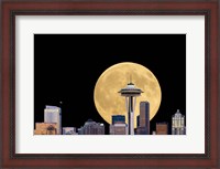 Framed Large Full Moon Behind The Seattle Space Needle