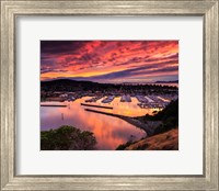Framed Red Sunset Over Harbor