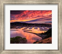 Framed Red Sunset Over Harbor