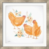 Framed Trio of Floral Roosters
