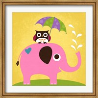 Framed Elephant and Owl with Umbrella