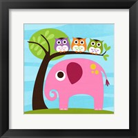 Framed Elephant with Three Owls