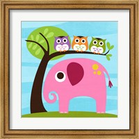 Framed Elephant with Three Owls