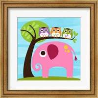 Framed Elephant with Three Owls