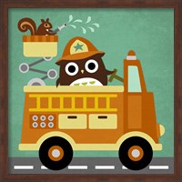 Framed Owl in Firetruck and Squirrel