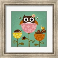 Framed Owl, Squirrel and Hedgehog in Flowers