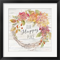 Framed 'Farmhouse Hydrangea Wreath Spice II Happy Place' border=