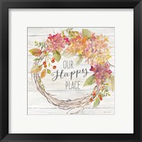 Framed 'Farmhouse Hydrangea Wreath Spice II Happy Place' border=