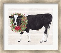 Framed Christmas on the Farm III Cow with Wreath