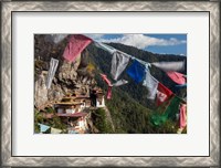 Framed Bhutan, Paro Prayer Flags Fluttering At The Cliff's Edge Across From Taktsang Monastery, Or Tiger's Nest