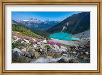 Framed British Columbia, Meltwater Stream Flows Past Wildflowers Into Upper Joffre Lake