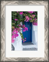 Framed Greece, Santorini A Picturesque Blue Door Is Surrounded By Pink Bougainvillea In Firostefani