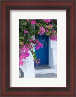 Framed Greece, Santorini A Picturesque Blue Door Is Surrounded By Pink Bougainvillea In Firostefani