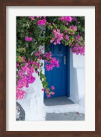 Framed Greece, Santorini A Picturesque Blue Door Is Surrounded By Pink Bougainvillea In Firostefani