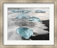 Framed Icebergs On Black Volcanic Beach Near The Jokulsarlon Glacial Lagoon In The Vatnajokull National Park, Iceland