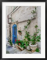Framed Italy, Puglia, Brindisi, Itria Valley, Ostuni Blue Door And Potted Plants