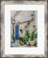 Framed Italy, Puglia, Brindisi, Itria Valley, Ostuni Blue Door And Potted Plants