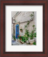 Framed Italy, Puglia, Brindisi, Itria Valley, Ostuni Blue Door And Potted Plants