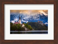 Framed Europe, Slovenia, Lake Bled Church Castle On Lake Island And Mountain Landscape