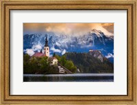 Framed Europe, Slovenia, Lake Bled Church Castle On Lake Island And Mountain Landscape