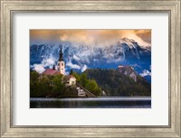 Framed Europe, Slovenia, Lake Bled Church Castle On Lake Island And Mountain Landscape