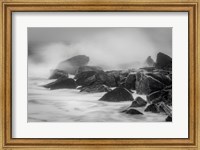 Framed New Jersey, Cape May, Black And White Of Beach Waves Hitting Rocks