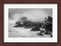 Framed New Jersey, Cape May, Black And White Of Beach Waves Hitting Rocks