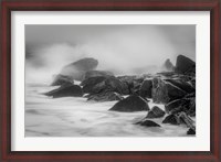 Framed New Jersey, Cape May, Black And White Of Beach Waves Hitting Rocks