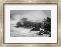 Framed New Jersey, Cape May, Black And White Of Beach Waves Hitting Rocks