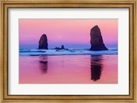 Framed Oregon, Bandon Sunrise On Beach Sea Stacks