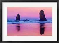 Framed Oregon, Bandon Sunrise On Beach Sea Stacks