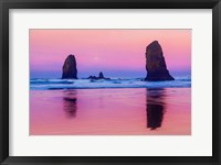 Framed Oregon, Bandon Sunrise On Beach Sea Stacks