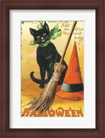 Framed Halloween Nostalgia Cat with Broom