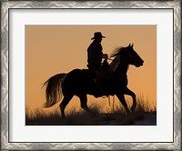 Framed Cowboy Riding His Horse Winters Snow Silhouetted At Sunset