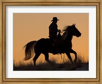 Framed Cowboy Riding His Horse Winters Snow Silhouetted At Sunset