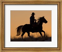 Framed Cowboy Riding His Horse Winters Snow Silhouetted At Sunset