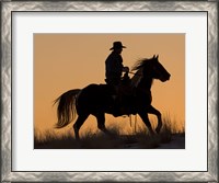 Framed Cowboy Riding His Horse Winters Snow Silhouetted At Sunset