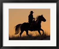 Framed Cowboy Riding His Horse Winters Snow Silhouetted At Sunset