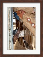 Framed Cowgirl Standing In Doorway Of Old Log Cabin