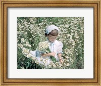 Framed Little Girl In White Hat And Dress Picking Daises