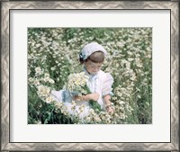 Framed Little Girl In White Hat And Dress Picking Daises