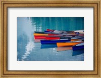 Framed Colorful Rowboats Moored In Calm Lake, Alberta, Canada