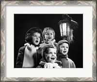 Framed Children Singing Christmas Carols Outdoor By Lantern Light