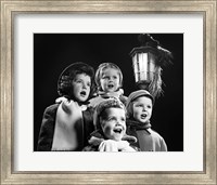 Framed Children Singing Christmas Carols Outdoor By Lantern Light