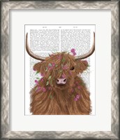 Framed Highland Cow 1, Pink Flowers Book Print