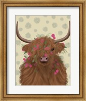 Framed Highland Cow 1, Pink Flowers