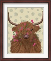 Framed Highland Cow 1, Pink Flowers